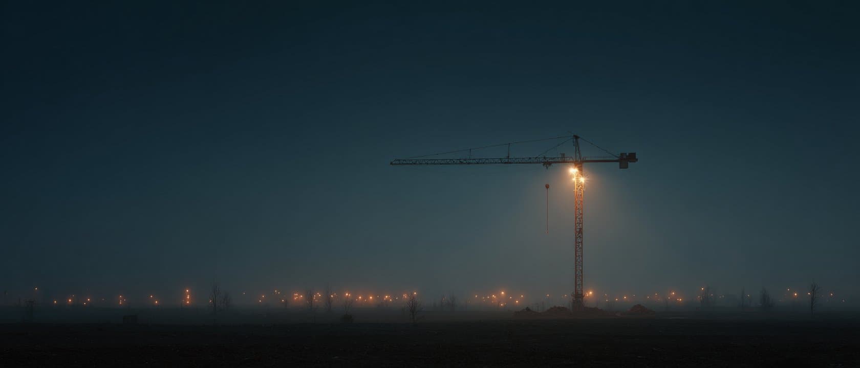 A single tower crane lit against a deep blue-hour sky.