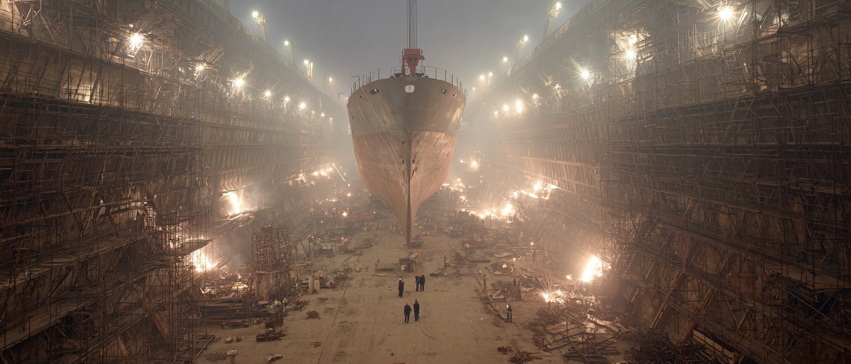 A vast dry dock with a vessel under works, two figures small against its scale.