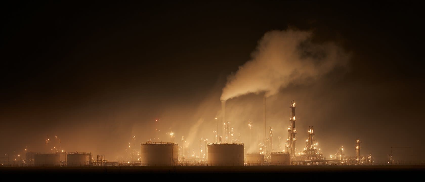 An energy refinery complex illuminated at night.