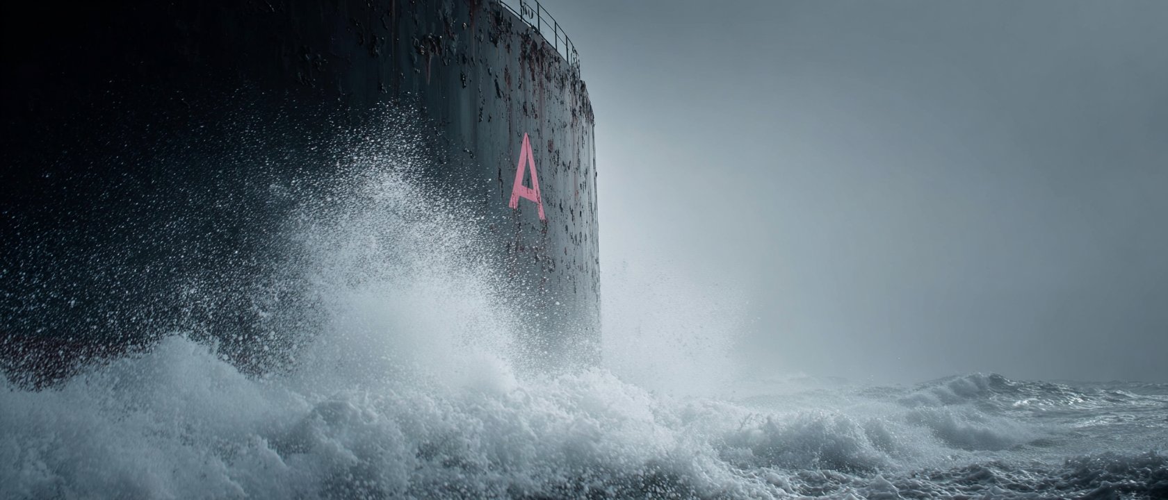 A cargo vessel marked with an “A” cutting through open sea.