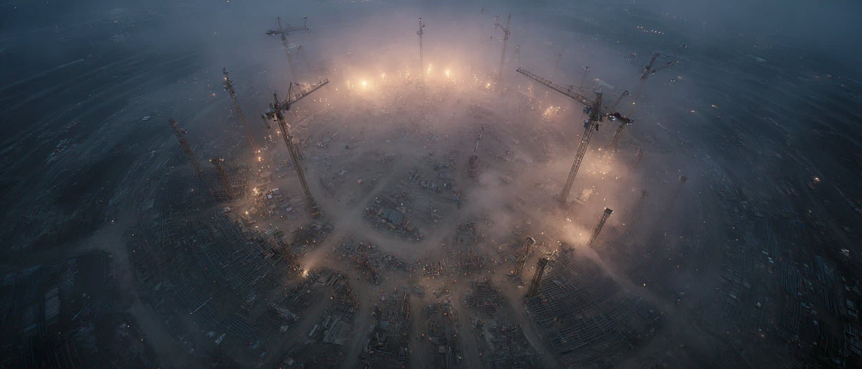 Aerial view of a vast project site at blue hour, cranes arranged around a central ground.