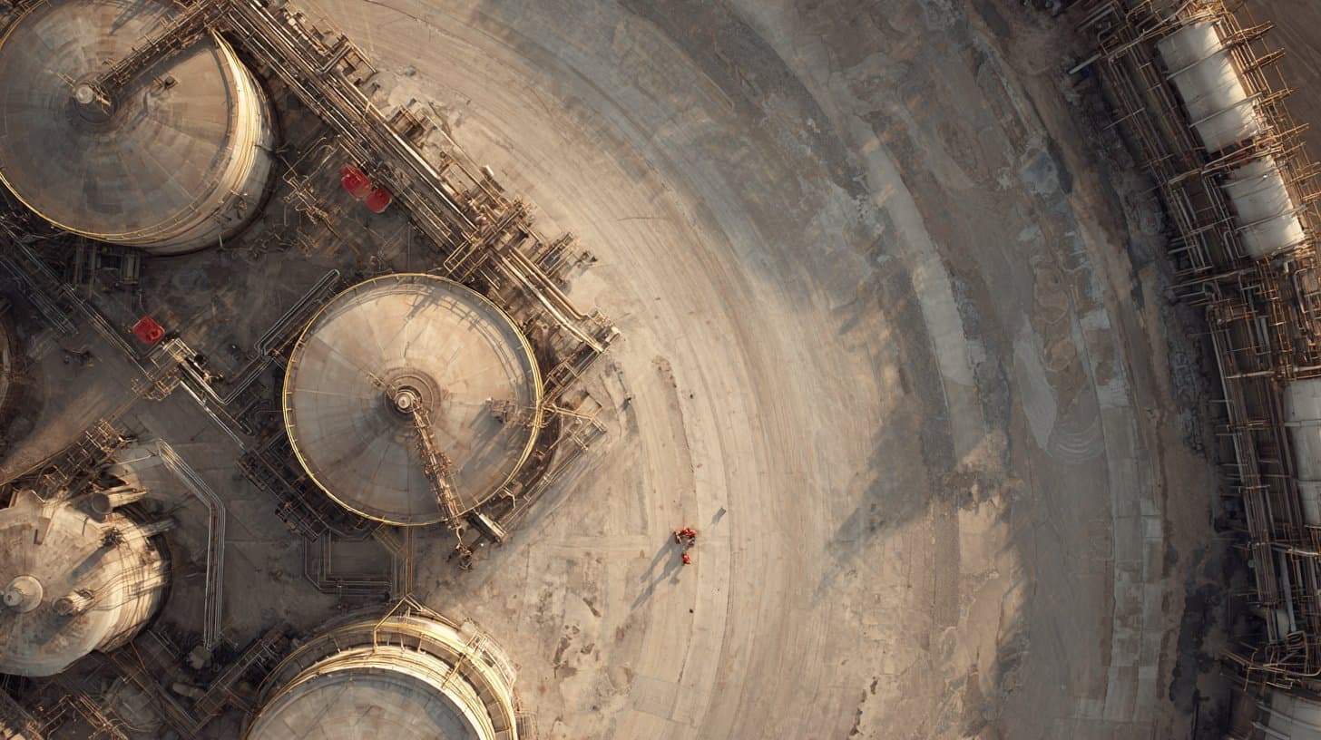 Overhead view of circular industrial tanks and access roads.